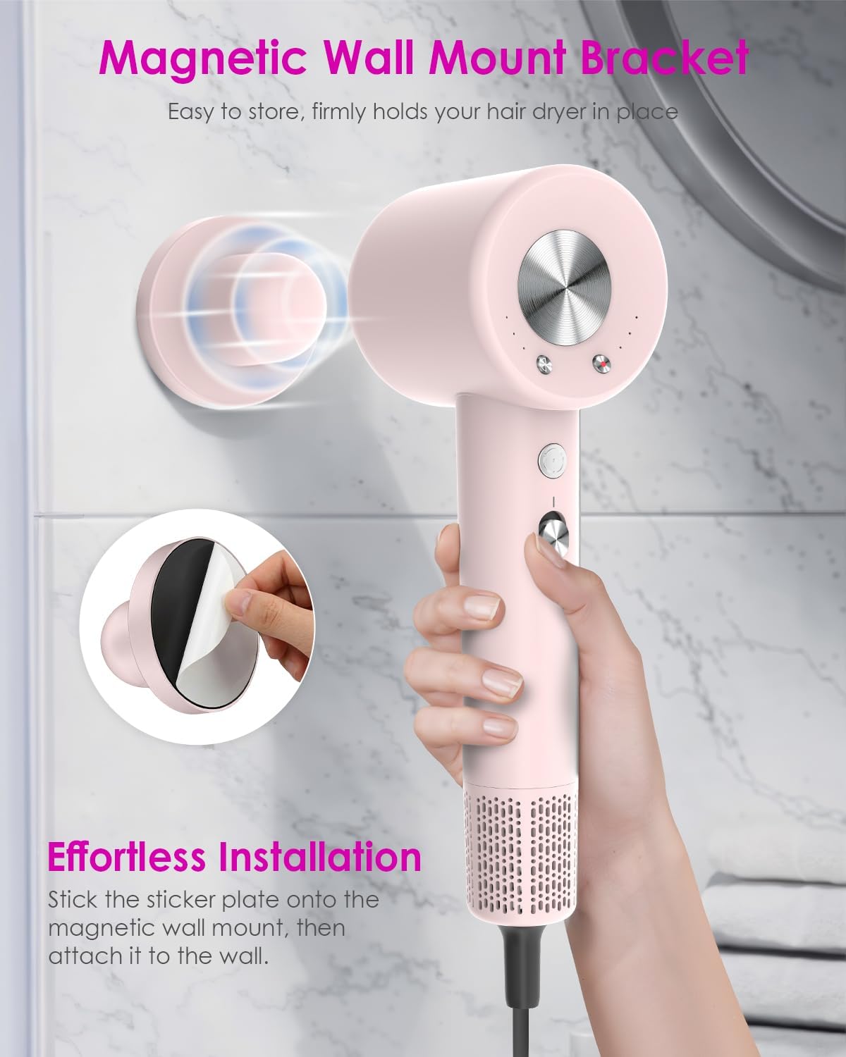 High Speed Ionic Professional Hair Blow Dryer,160000 RPM Powerful Fast Drying Travel Hairdryer Blowdryer with Magnetic Diffuser, Concentrator Nozzle & Wall Mount Bracket, 3 Speeds & 4 Temps, Pink