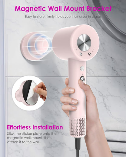 High Speed Ionic Professional Hair Blow Dryer,160000 RPM Powerful Fast Drying Travel Hairdryer Blowdryer with Magnetic Diffuser, Concentrator Nozzle & Wall Mount Bracket, 3 Speeds & 4 Temps, Pink