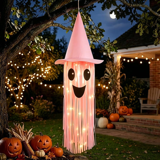 Halloween Ghost Hanging Decorations – DIY LED Pink Light Up Ghost Streamer with Pink Witch Hat for Indoor Outdoor Halloween Party Ceiling Decorations