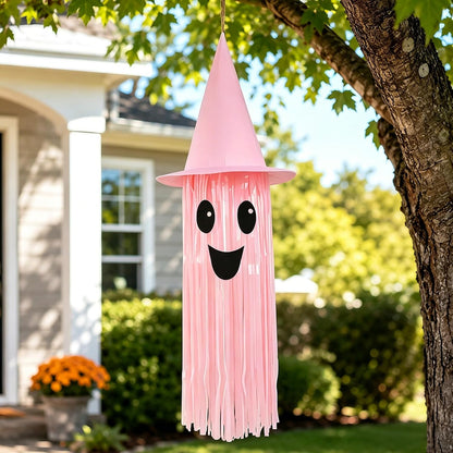 Halloween Ghost Hanging Decorations – DIY LED Pink Light Up Ghost Streamer with Pink Witch Hat for Indoor Outdoor Halloween Party Ceiling Decorations