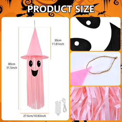 Halloween Ghost Hanging Decorations – DIY LED Pink Light Up Ghost Streamer with Pink Witch Hat for Indoor Outdoor Halloween Party Ceiling Decorations