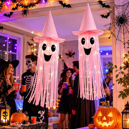 Halloween Ghost Hanging Decorations – DIY LED Pink Light Up Ghost Streamer with Pink Witch Hat for Indoor Outdoor Halloween Party Ceiling Decorations