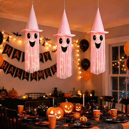 Halloween Ghost Hanging Decorations – DIY LED Pink Light Up Ghost Streamer with Pink Witch Hat for Indoor Outdoor Halloween Party Ceiling Decorations