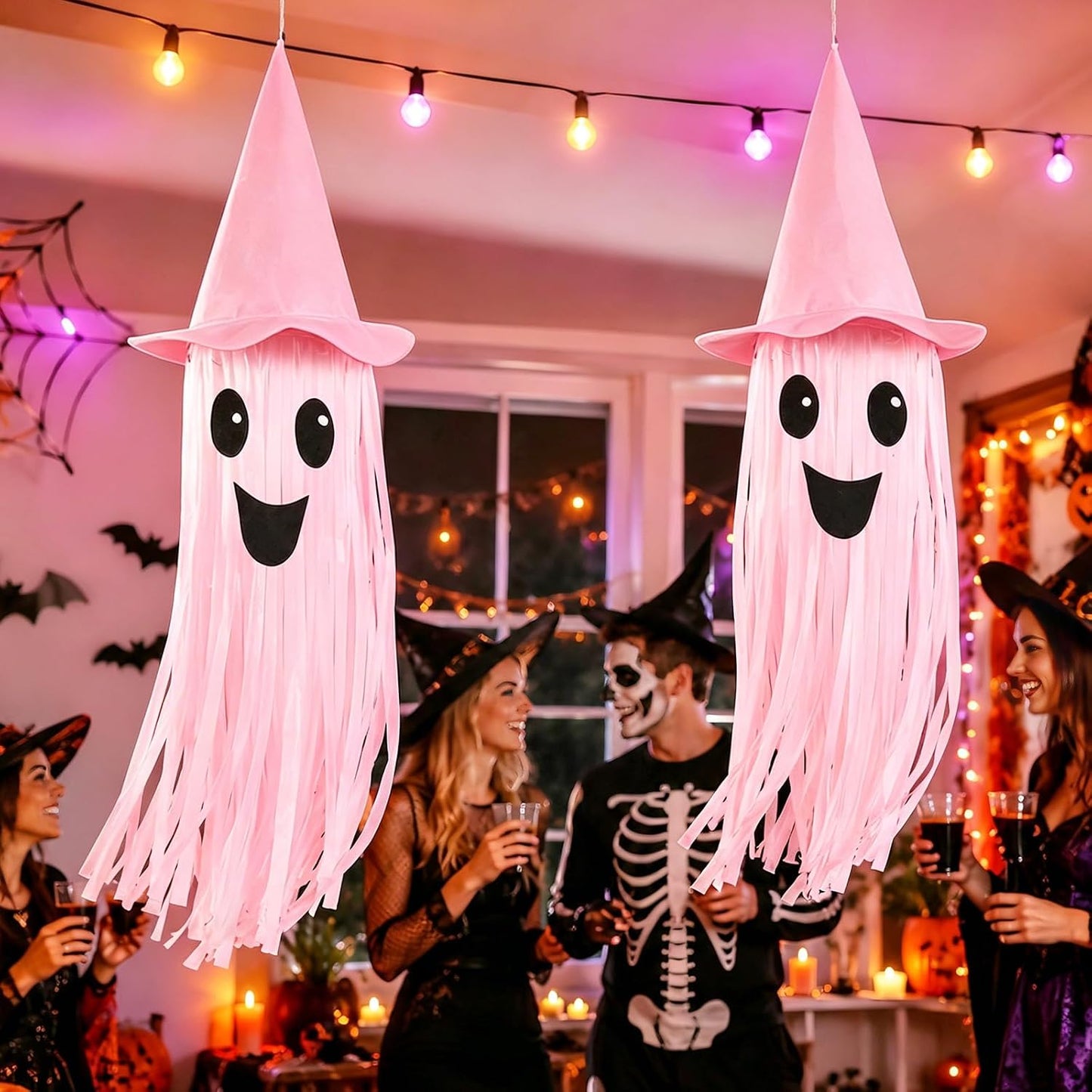Halloween Ghost Hanging Decorations – DIY LED Pink Light Up Ghost Streamer with Pink Witch Hat for Indoor Outdoor Halloween Party Ceiling Decorations