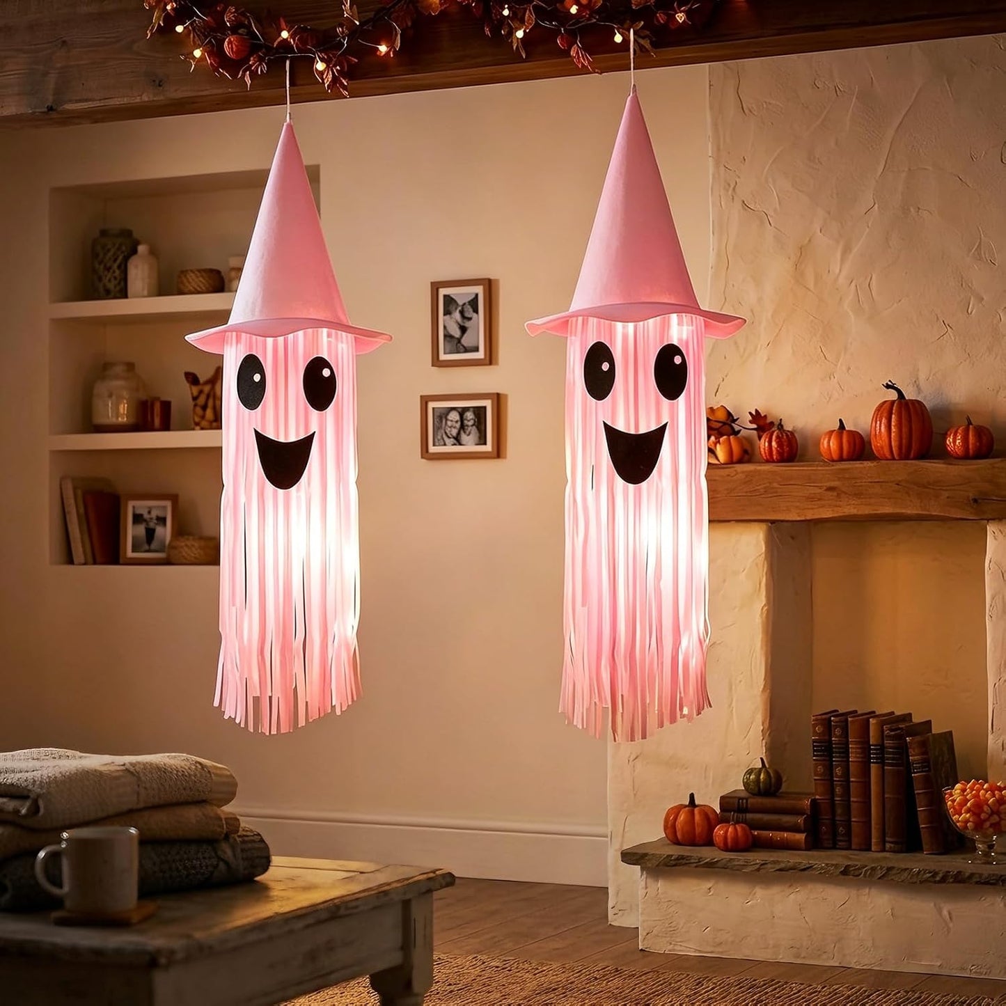 Halloween Ghost Hanging Decorations – DIY LED Pink Light Up Ghost Streamer with Pink Witch Hat for Indoor Outdoor Halloween Party Ceiling Decorations