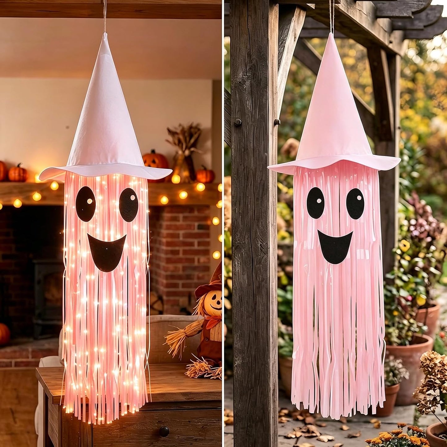 Halloween Ghost Hanging Decorations – DIY LED Pink Light Up Ghost Streamer with Pink Witch Hat for Indoor Outdoor Halloween Party Ceiling Decorations
