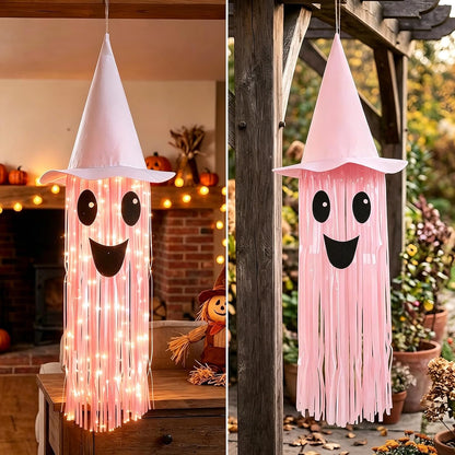 Halloween Ghost Hanging Decorations – DIY LED Pink Light Up Ghost Streamer with Pink Witch Hat for Indoor Outdoor Halloween Party Ceiling Decorations
