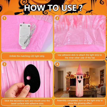 Halloween Ghost Hanging Decorations – DIY LED Pink Light Up Ghost Streamer with Pink Witch Hat for Indoor Outdoor Halloween Party Ceiling Decorations