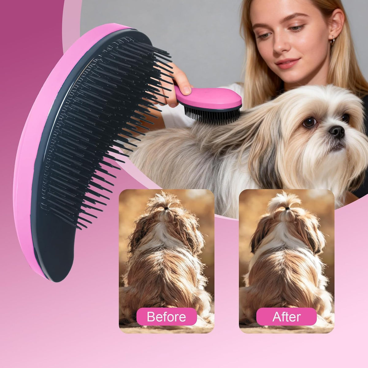Small Dog Brush, Skin-friendly Soft Bristles (Pink)