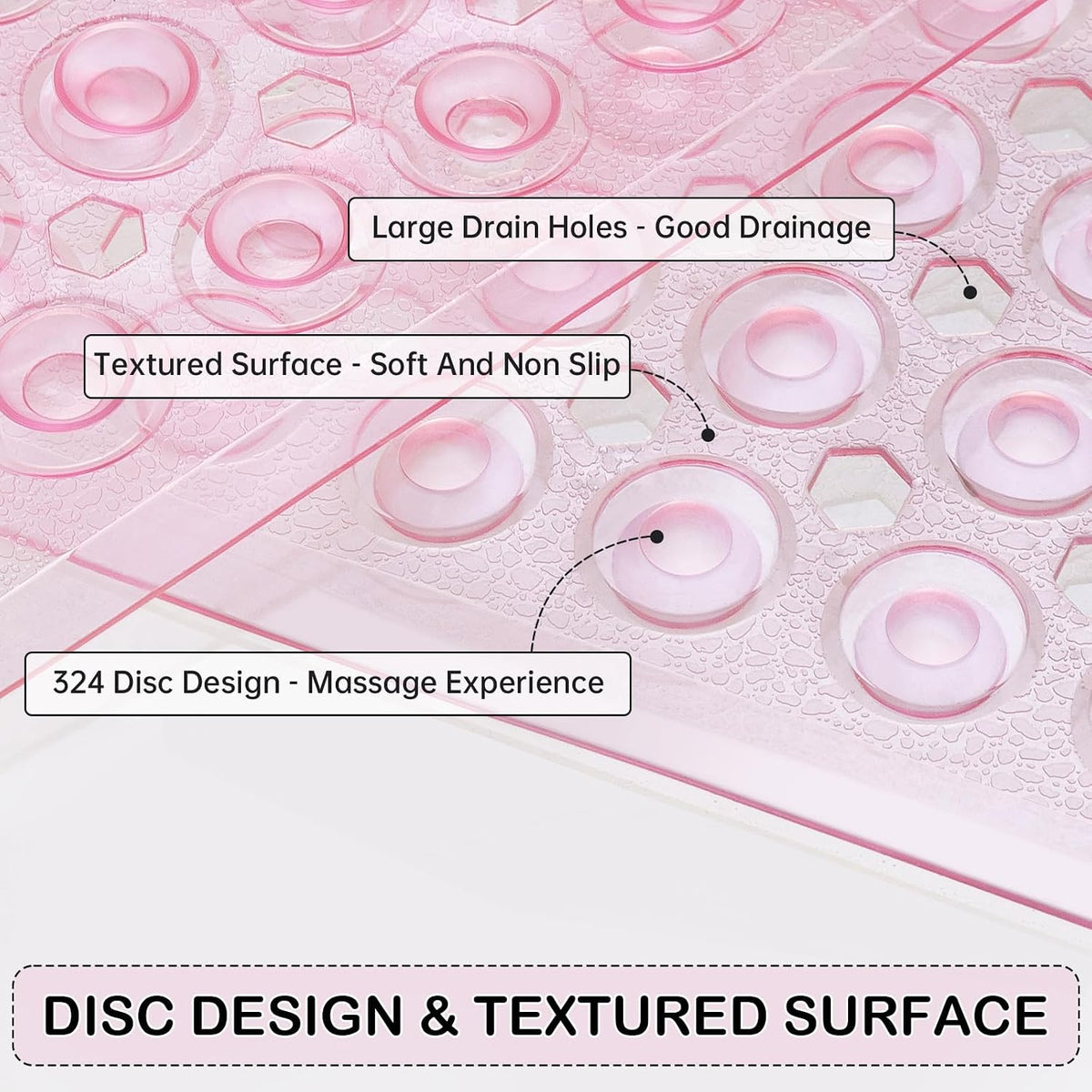 Non-Slip Bathtub and Shower Mats, Power Grip Bath Mat 35 x 16.3 Inch with Suction Cups and Drain Holes for Tub Bathroom Floor Safety, Machine Washable Soft Bathmat, Clear Pink