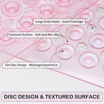 Non-Slip Bathtub and Shower Mats, Power Grip Bath Mat 35 x 16.3 Inch with Suction Cups and Drain Holes for Tub Bathroom Floor Safety, Machine Washable Soft Bathmat, Clear Pink