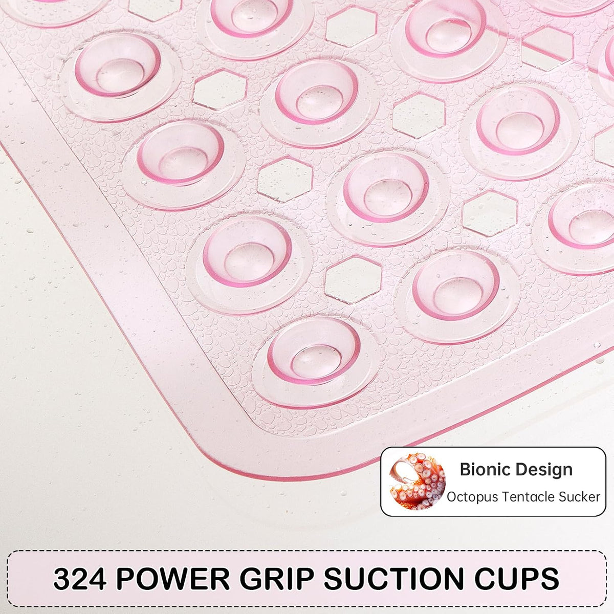 Non-Slip Bathtub and Shower Mats, Power Grip Bath Mat 35 x 16.3 Inch with Suction Cups and Drain Holes for Tub Bathroom Floor Safety, Machine Washable Soft Bathmat, Clear Pink