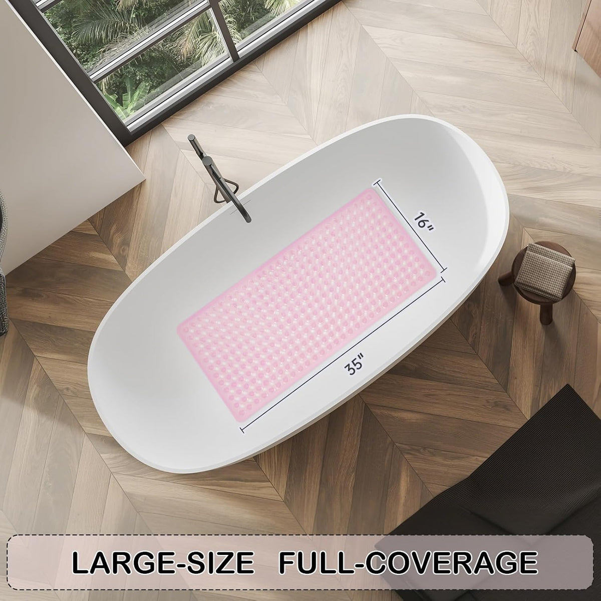Non-Slip Bathtub and Shower Mats, Power Grip Bath Mat 35 x 16.3 Inch with Suction Cups and Drain Holes for Tub Bathroom Floor Safety, Machine Washable Soft Bathmat, Clear Pink