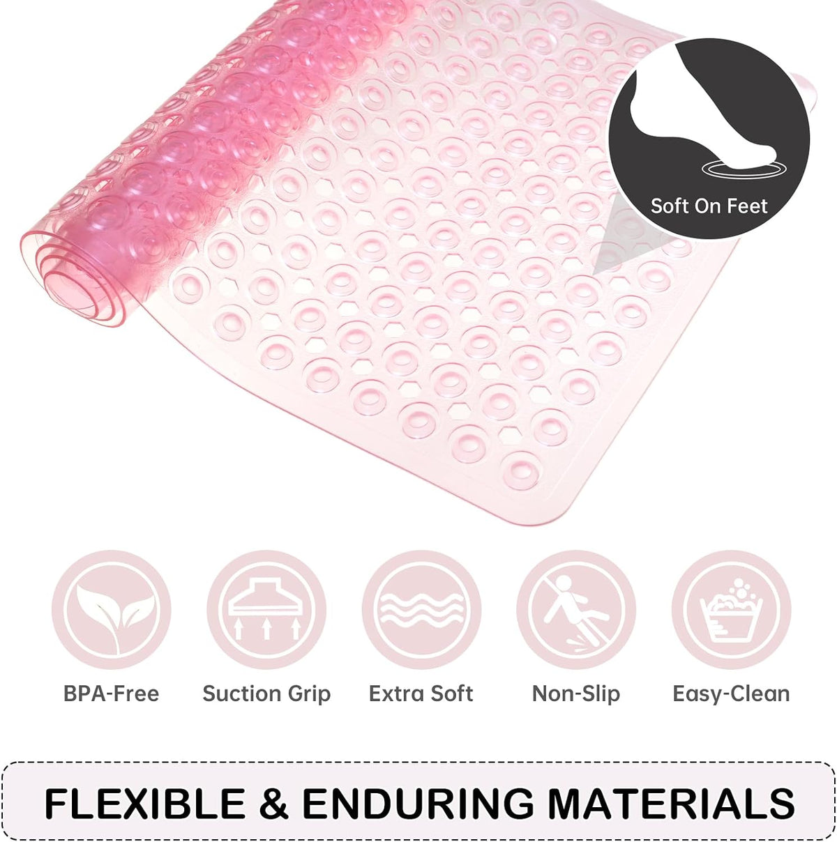 Non-Slip Bathtub and Shower Mats, Power Grip Bath Mat 35 x 16.3 Inch with Suction Cups and Drain Holes for Tub Bathroom Floor Safety, Machine Washable Soft Bathmat, Clear Pink