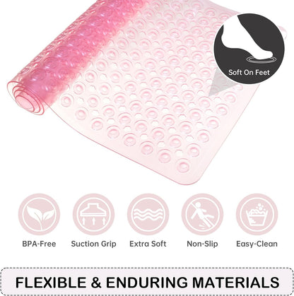 Non-Slip Bathtub and Shower Mats, Power Grip Bath Mat 35 x 16.3 Inch with Suction Cups and Drain Holes for Tub Bathroom Floor Safety, Machine Washable Soft Bathmat, Clear Pink
