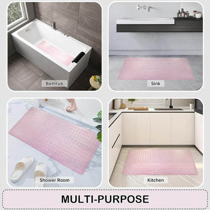 Non-Slip Bathtub and Shower Mats, Power Grip Bath Mat 35 x 16.3 Inch with Suction Cups and Drain Holes for Tub Bathroom Floor Safety, Machine Washable Soft Bathmat, Clear Pink