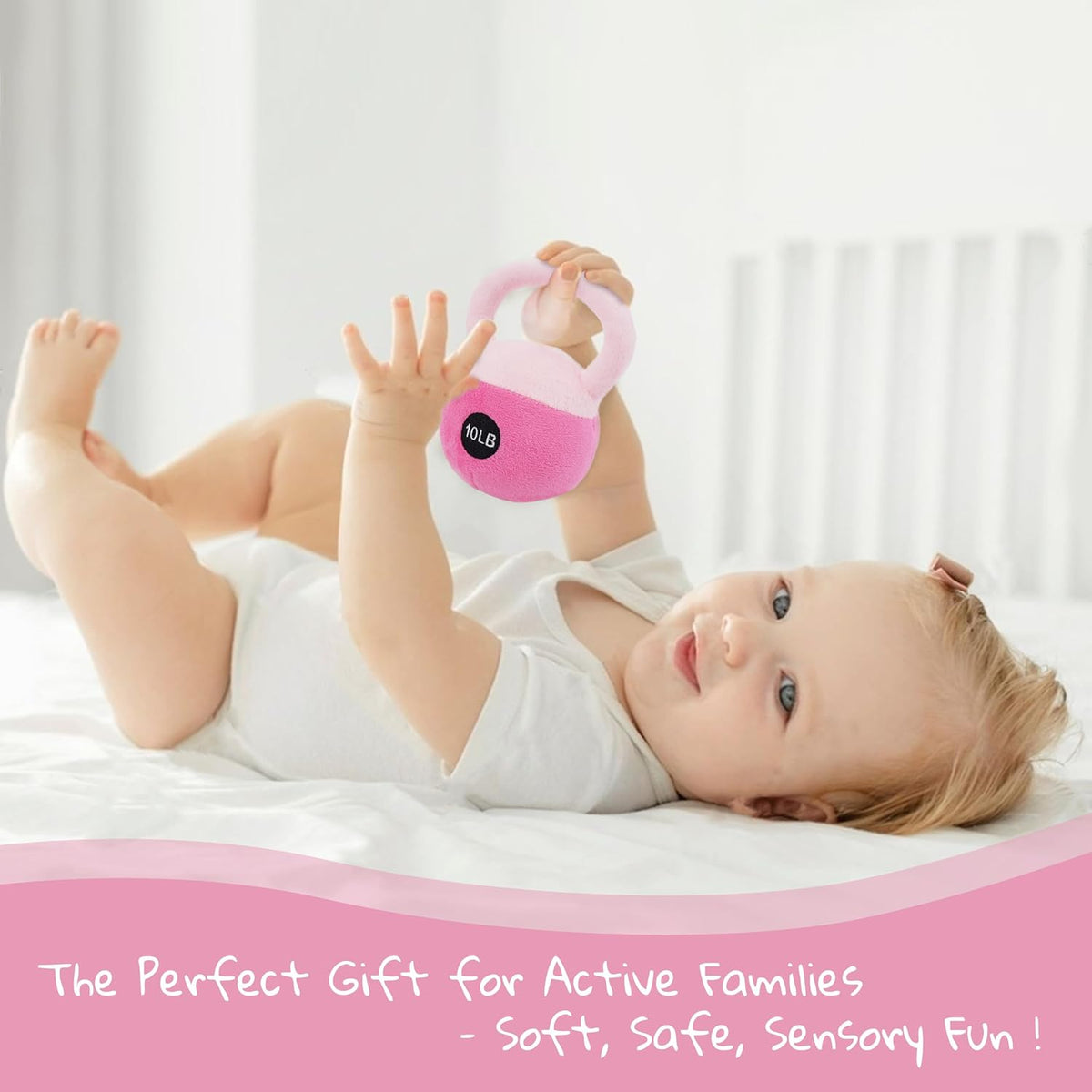5" Pink Kettlebell Plush Baby Rattle Sensory Toy