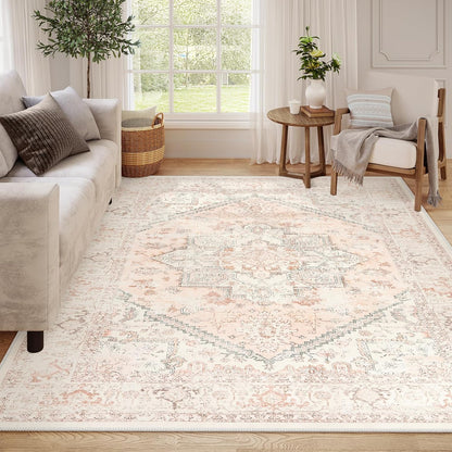 Pink Area Rug 8x10 - Large Oriental Floral Living Room Rugs Accent Rug for Bedroom, Non-Slip Retro Medallion Carpet Print Distressed Rugs for Dining Room Office (Pink/Peach)
