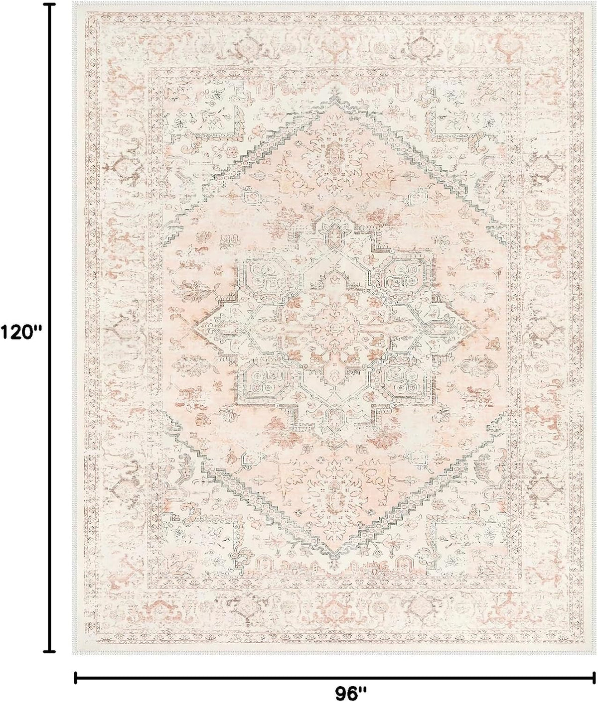 Pink Area Rug 8x10 - Large Oriental Floral Living Room Rugs Accent Rug for Bedroom, Non-Slip Retro Medallion Carpet Print Distressed Rugs for Dining Room Office (Pink/Peach)