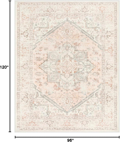 Pink Area Rug 8x10 - Large Oriental Floral Living Room Rugs Accent Rug for Bedroom, Non-Slip Retro Medallion Carpet Print Distressed Rugs for Dining Room Office (Pink/Peach)