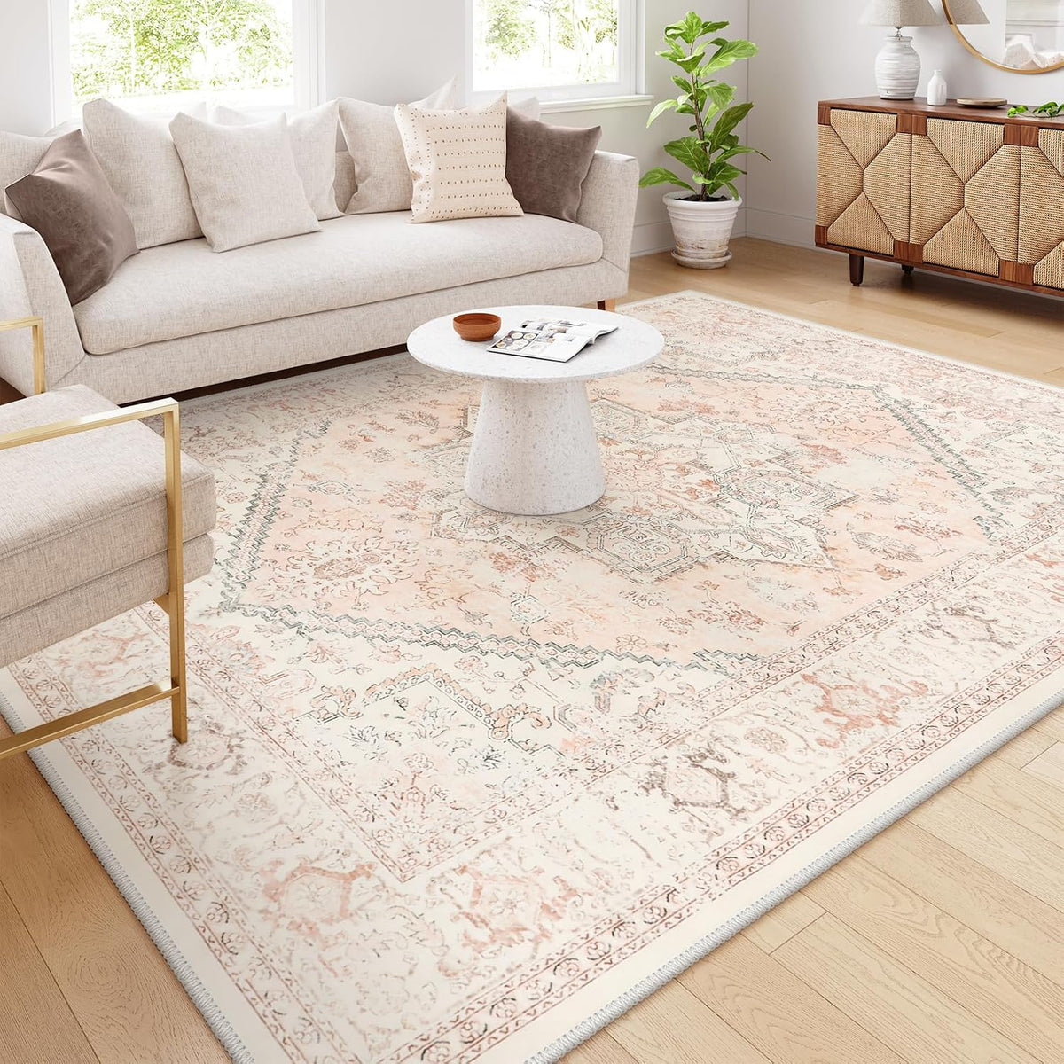 Pink Area Rug 8x10 - Large Oriental Floral Living Room Rugs Accent Rug for Bedroom, Non-Slip Retro Medallion Carpet Print Distressed Rugs for Dining Room Office (Pink/Peach)