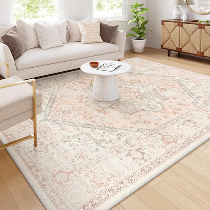 Pink Area Rug 8x10 - Large Oriental Floral Living Room Rugs Accent Rug for Bedroom, Non-Slip Retro Medallion Carpet Print Distressed Rugs for Dining Room Office (Pink/Peach)