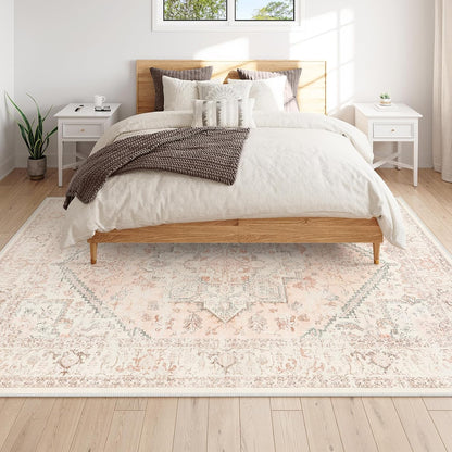 Pink Area Rug 8x10 - Large Oriental Floral Living Room Rugs Accent Rug for Bedroom, Non-Slip Retro Medallion Carpet Print Distressed Rugs for Dining Room Office (Pink/Peach)