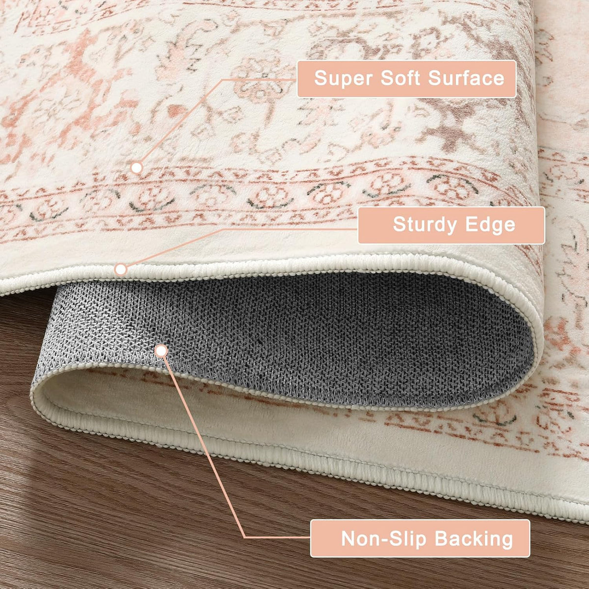 Pink Area Rug 8x10 - Large Oriental Floral Living Room Rugs Accent Rug for Bedroom, Non-Slip Retro Medallion Carpet Print Distressed Rugs for Dining Room Office (Pink/Peach)