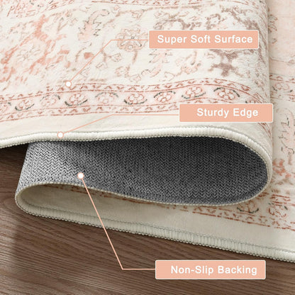 Pink Area Rug 8x10 - Large Oriental Floral Living Room Rugs Accent Rug for Bedroom, Non-Slip Retro Medallion Carpet Print Distressed Rugs for Dining Room Office (Pink/Peach)