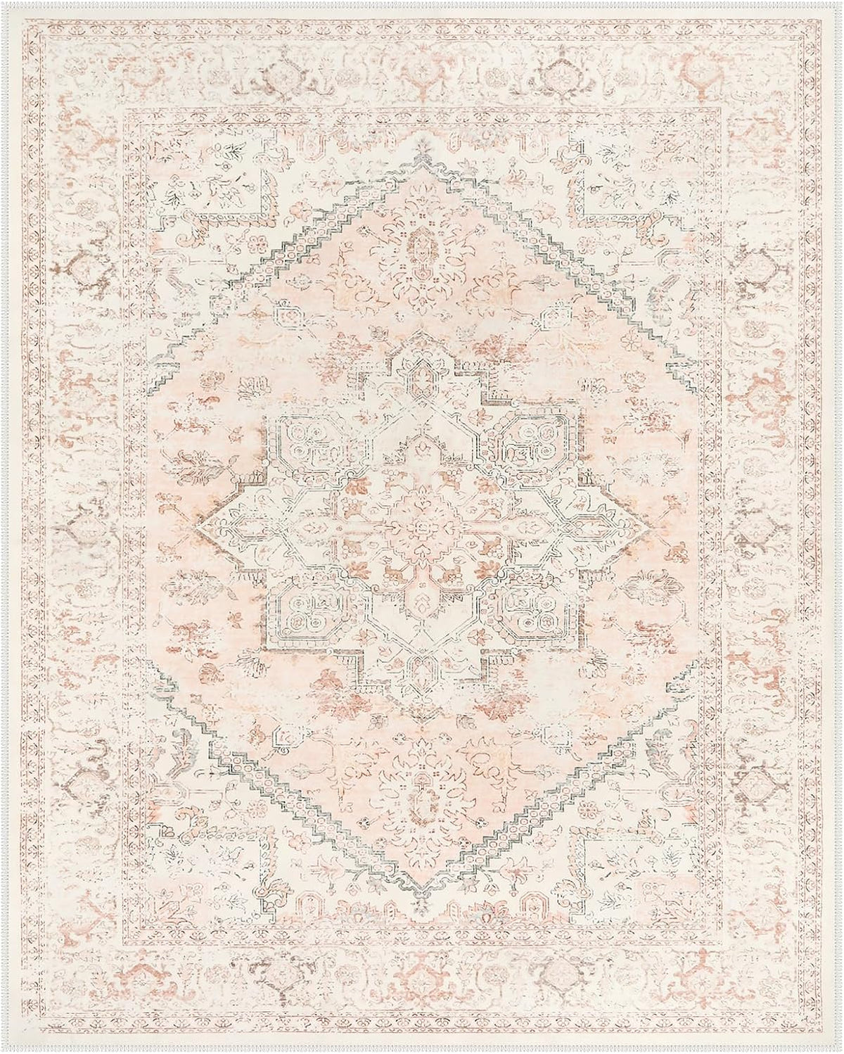 Pink Area Rug 8x10 - Large Oriental Floral Living Room Rugs Accent Rug for Bedroom, Non-Slip Retro Medallion Carpet Print Distressed Rugs for Dining Room Office (Pink/Peach)