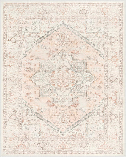 Pink Area Rug 8x10 - Large Oriental Floral Living Room Rugs Accent Rug for Bedroom, Non-Slip Retro Medallion Carpet Print Distressed Rugs for Dining Room Office (Pink/Peach)