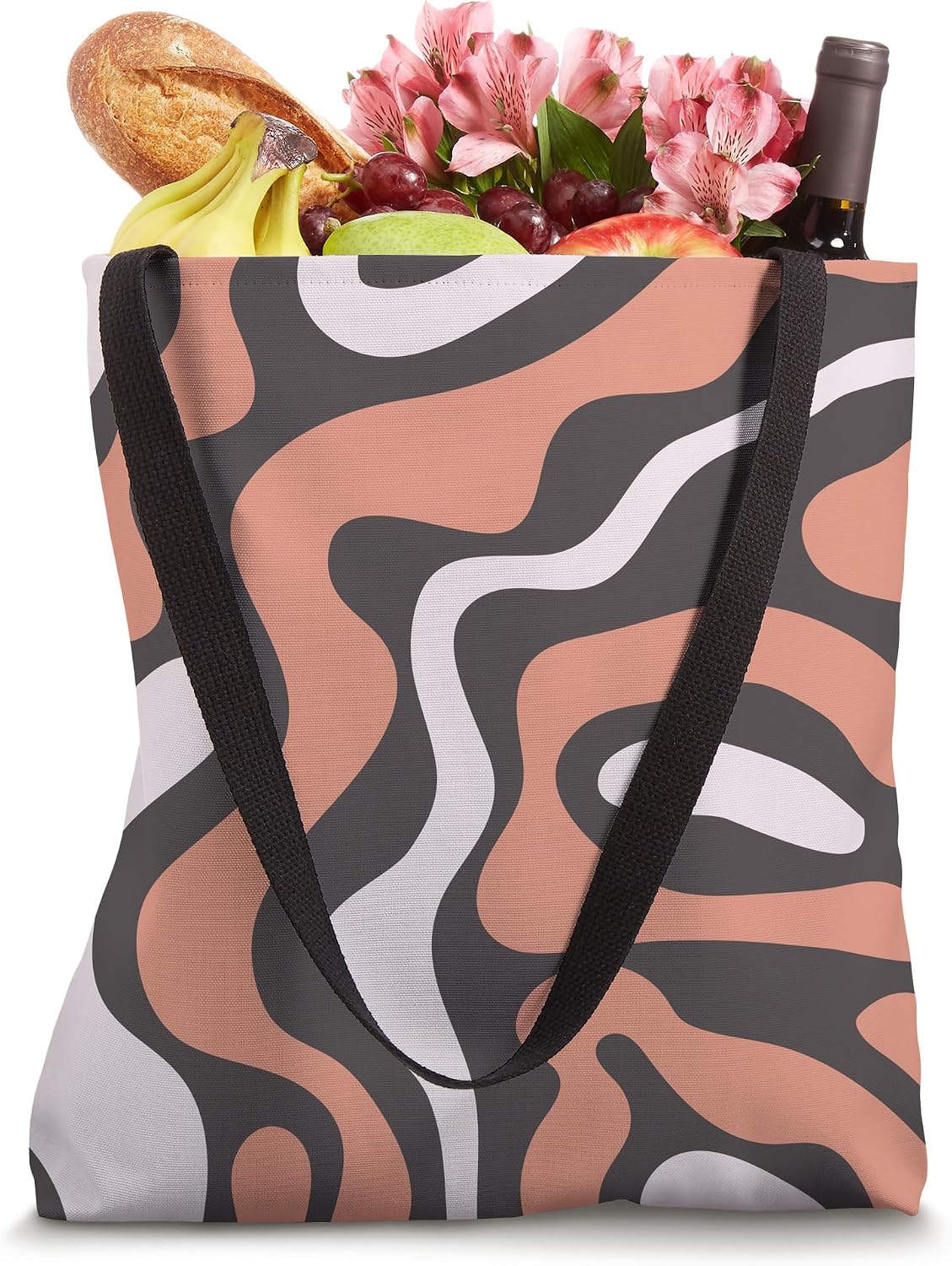 Peach and Pink Abstract Swirl Wavy Pattern on Charcoal Tote Bag