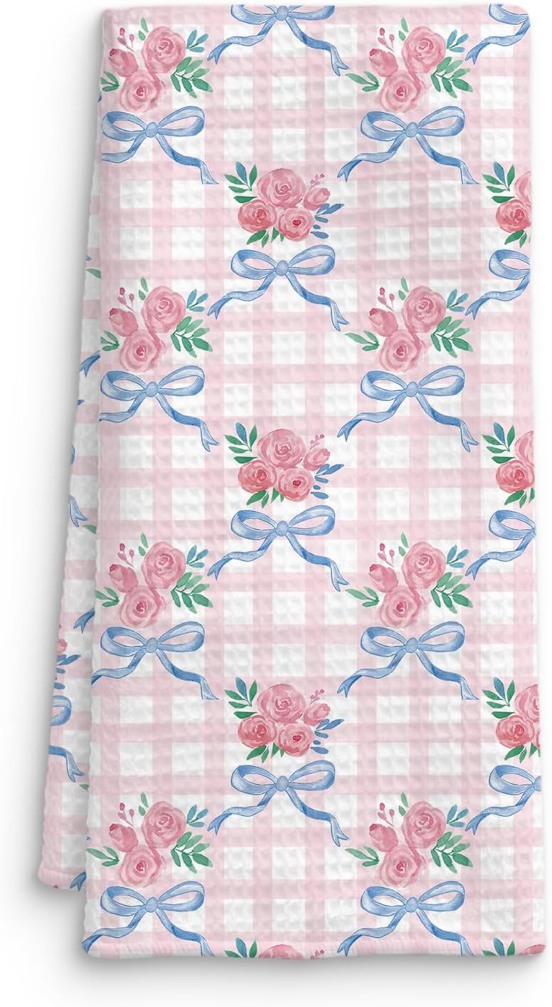 Coquette Blue Bow Floral Kitchen Towel, Grandmillennial Pink Rose Flower Gingham Hand Towel for Bathroom, Pink and White Checkered Dish Tea Towel, Coquette Bathroom Decor, 16x24 Inch