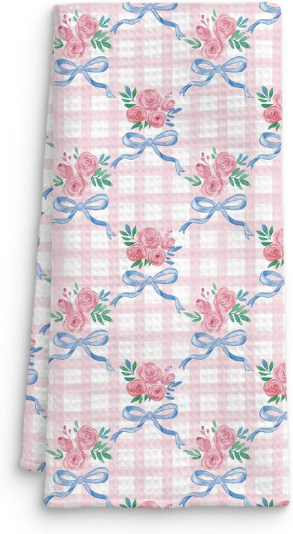 Coquette Blue Bow Floral Kitchen Towel, Grandmillennial Pink Rose Flower Gingham Hand Towel for Bathroom, Pink and White Checkered Dish Tea Towel, Coquette Bathroom Decor, 16x24 Inch