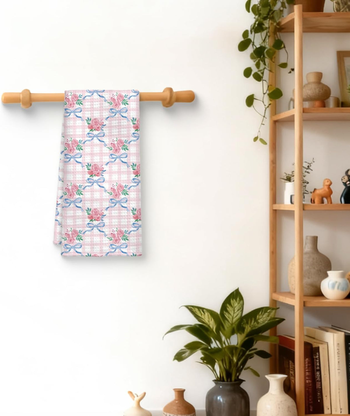 Coquette Blue Bow Floral Kitchen Towel, Grandmillennial Pink Rose Flower Gingham Hand Towel for Bathroom, Pink and White Checkered Dish Tea Towel, Coquette Bathroom Decor, 16x24 Inch