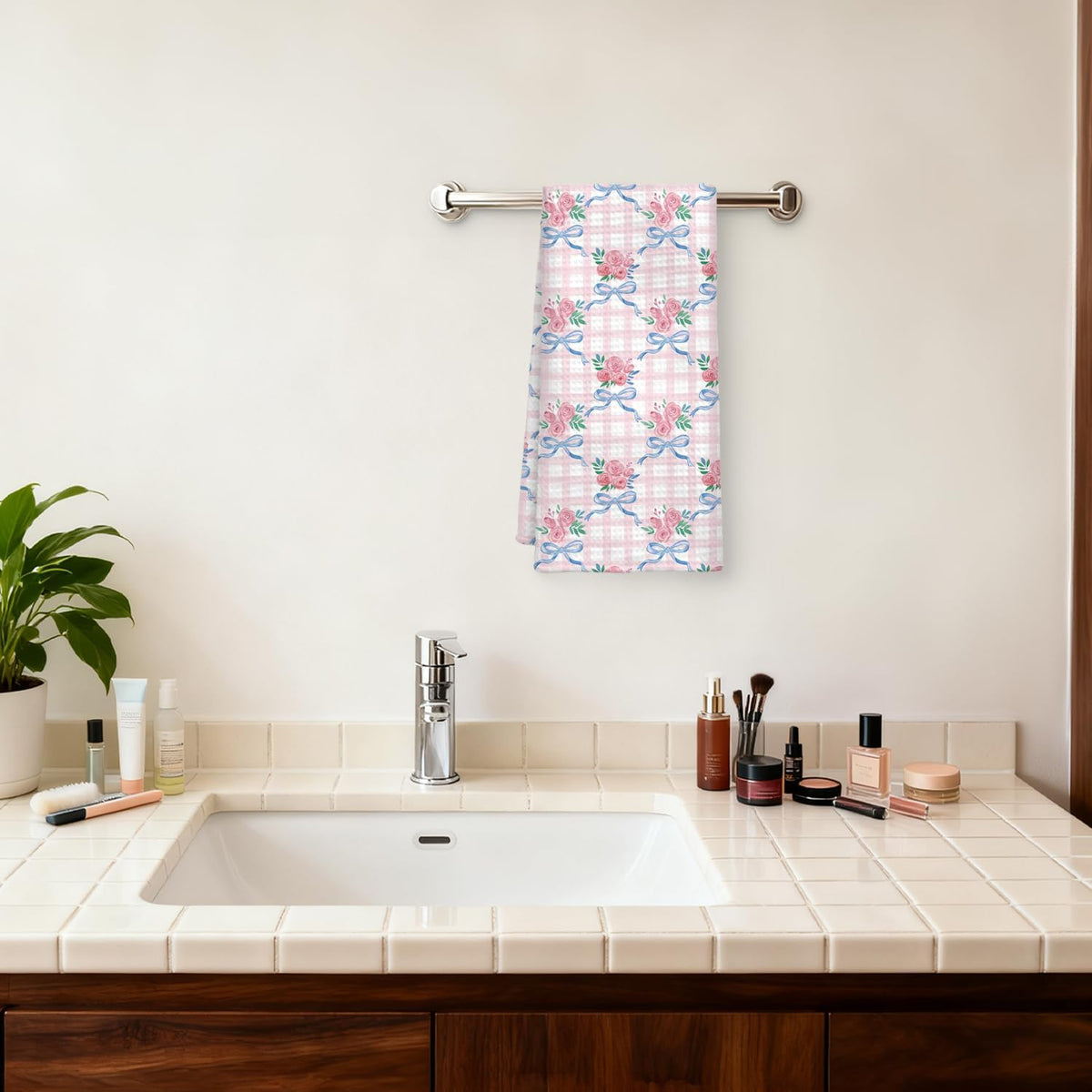 Coquette Blue Bow Floral Kitchen Towel, Grandmillennial Pink Rose Flower Gingham Hand Towel for Bathroom, Pink and White Checkered Dish Tea Towel, Coquette Bathroom Decor, 16x24 Inch