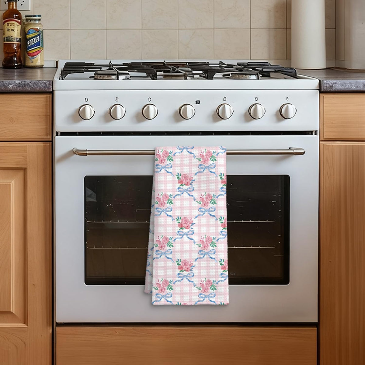 Coquette Blue Bow Floral Kitchen Towel, Grandmillennial Pink Rose Flower Gingham Hand Towel for Bathroom, Pink and White Checkered Dish Tea Towel, Coquette Bathroom Decor, 16x24 Inch