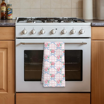 Coquette Blue Bow Floral Kitchen Towel, Grandmillennial Pink Rose Flower Gingham Hand Towel for Bathroom, Pink and White Checkered Dish Tea Towel, Coquette Bathroom Decor, 16x24 Inch