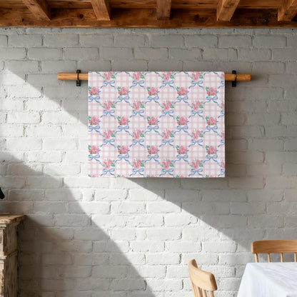 Coquette Blue Bow Floral Kitchen Towel, Grandmillennial Pink Rose Flower Gingham Hand Towel for Bathroom, Pink and White Checkered Dish Tea Towel, Coquette Bathroom Decor, 16x24 Inch