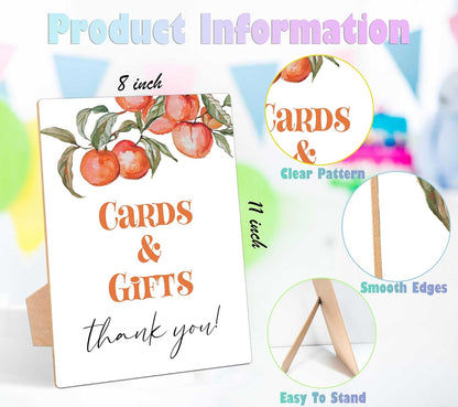 Peach Baby Shower Table Sign, Cards and Gifts Sign, Pack of 1 Wooden Tabletop Sign with Stand, Sweet Peach Baby Shower Supplies, Gender Reveal Party Decorations - RG51