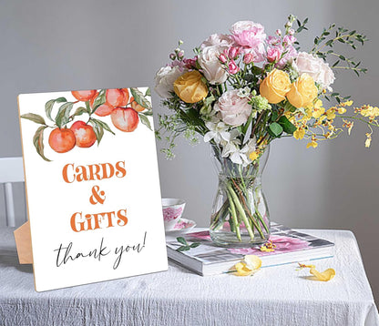 Peach Baby Shower Table Sign, Cards and Gifts Sign, Pack of 1 Wooden Tabletop Sign with Stand, Sweet Peach Baby Shower Supplies, Gender Reveal Party Decorations - RG51