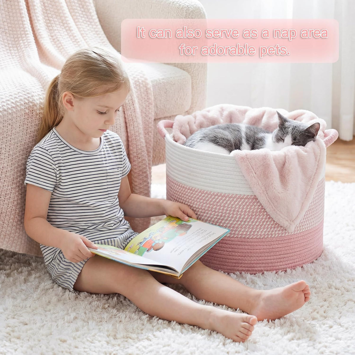 70L Large Cotton Rope Basket, Decorative Woven Blanket Storage for Living Room, Boho Toy Storage & Toy Box for Kids, Versatile Laundry Basket & Nursery Hamper for Blankets(Pink)