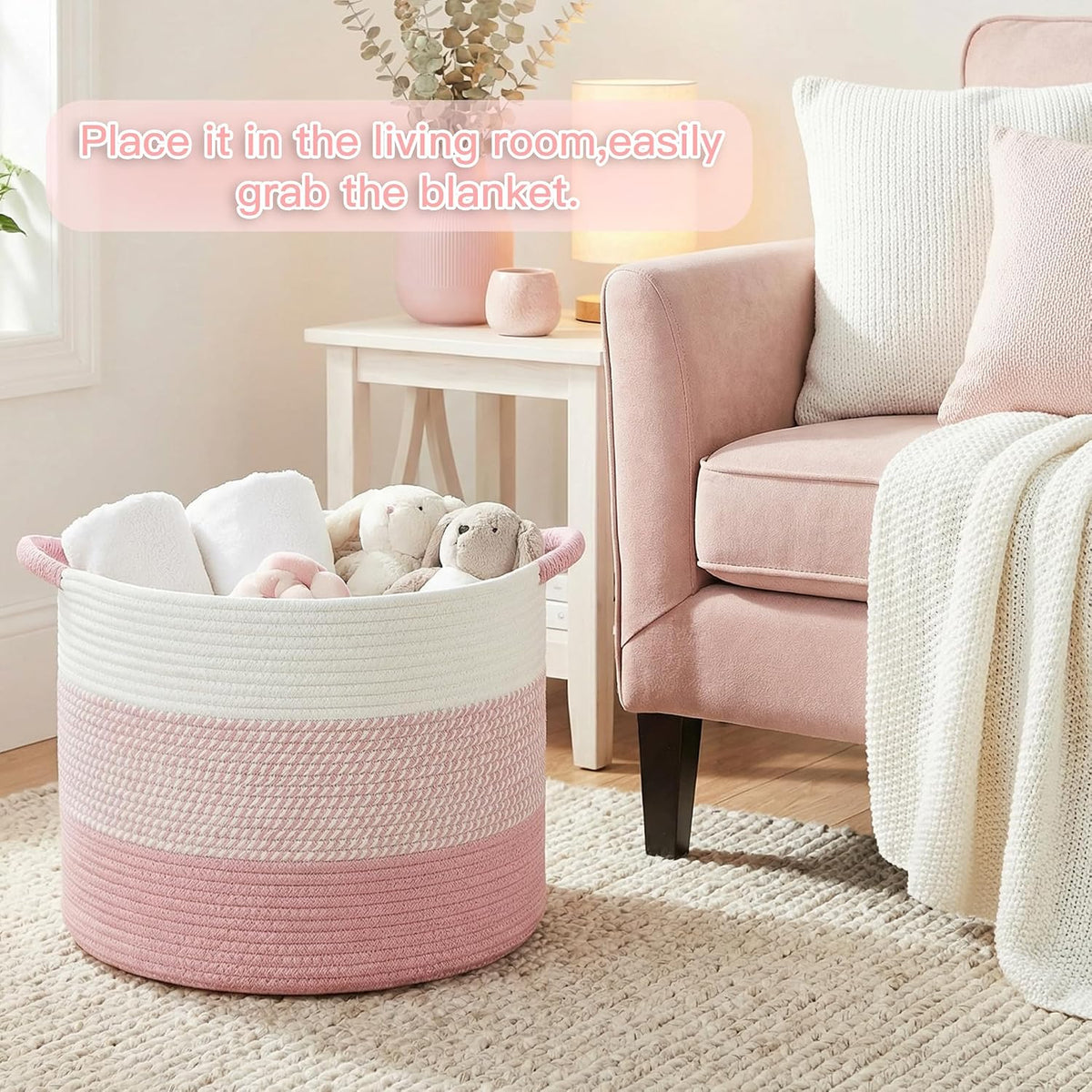 70L Large Cotton Rope Basket, Decorative Woven Blanket Storage for Living Room, Boho Toy Storage & Toy Box for Kids, Versatile Laundry Basket & Nursery Hamper for Blankets(Pink)