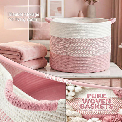 70L Large Cotton Rope Basket, Decorative Woven Blanket Storage for Living Room, Boho Toy Storage & Toy Box for Kids, Versatile Laundry Basket & Nursery Hamper for Blankets(Pink)