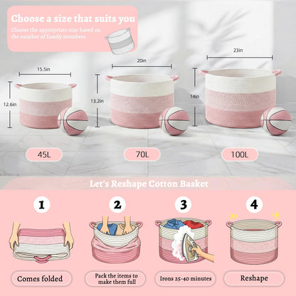 70L Large Cotton Rope Basket, Decorative Woven Blanket Storage for Living Room, Boho Toy Storage & Toy Box for Kids, Versatile Laundry Basket & Nursery Hamper for Blankets(Pink)