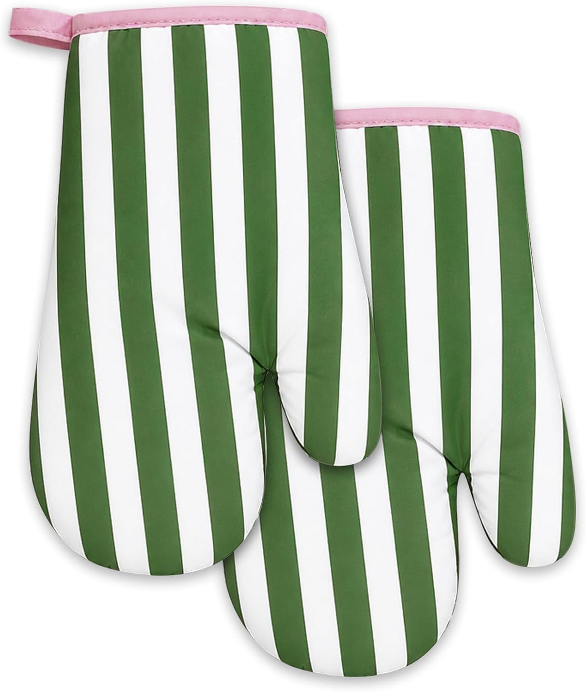 Botanical Green Pink Stripe Oven Mitts Set of 2 Heat Resistant Kitchen Oven Gloves for Cooking Baking Grilling Kitchen Decor, 6.7 x 10.6 Inch