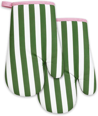Botanical Green Pink Stripe Oven Mitts Set of 2 Heat Resistant Kitchen Oven Gloves for Cooking Baking Grilling Kitchen Decor, 6.7 x 10.6 Inch