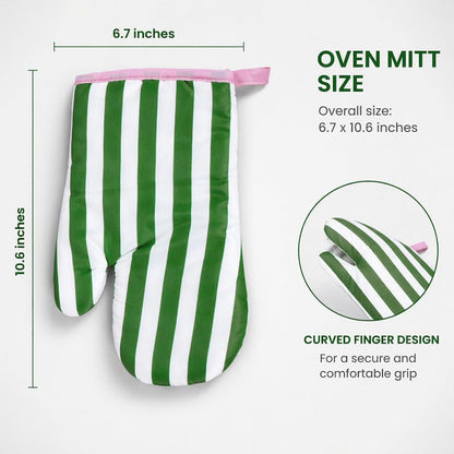 Botanical Green Pink Stripe Oven Mitts Set of 2 Heat Resistant Kitchen Oven Gloves for Cooking Baking Grilling Kitchen Decor, 6.7 x 10.6 Inch