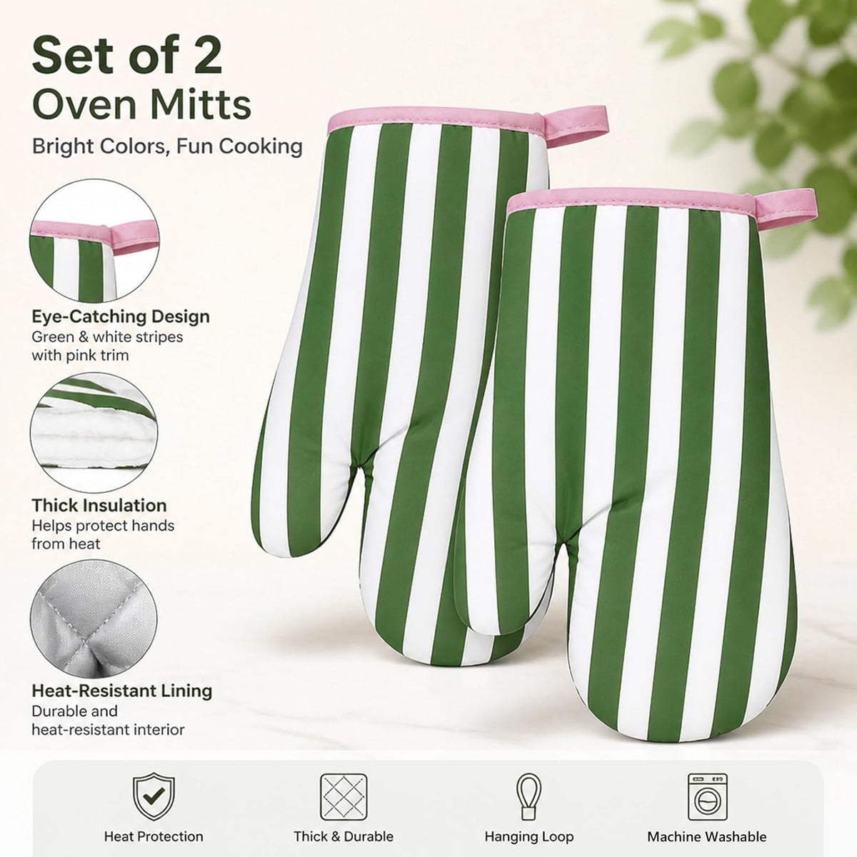 Botanical Green Pink Stripe Oven Mitts Set of 2 Heat Resistant Kitchen Oven Gloves for Cooking Baking Grilling Kitchen Decor, 6.7 x 10.6 Inch