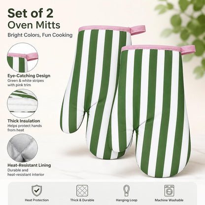 Botanical Green Pink Stripe Oven Mitts Set of 2 Heat Resistant Kitchen Oven Gloves for Cooking Baking Grilling Kitchen Decor, 6.7 x 10.6 Inch
